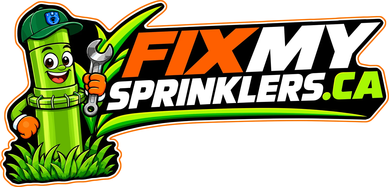 fixmysprinklers.ca logo with Rocky holding a wrench