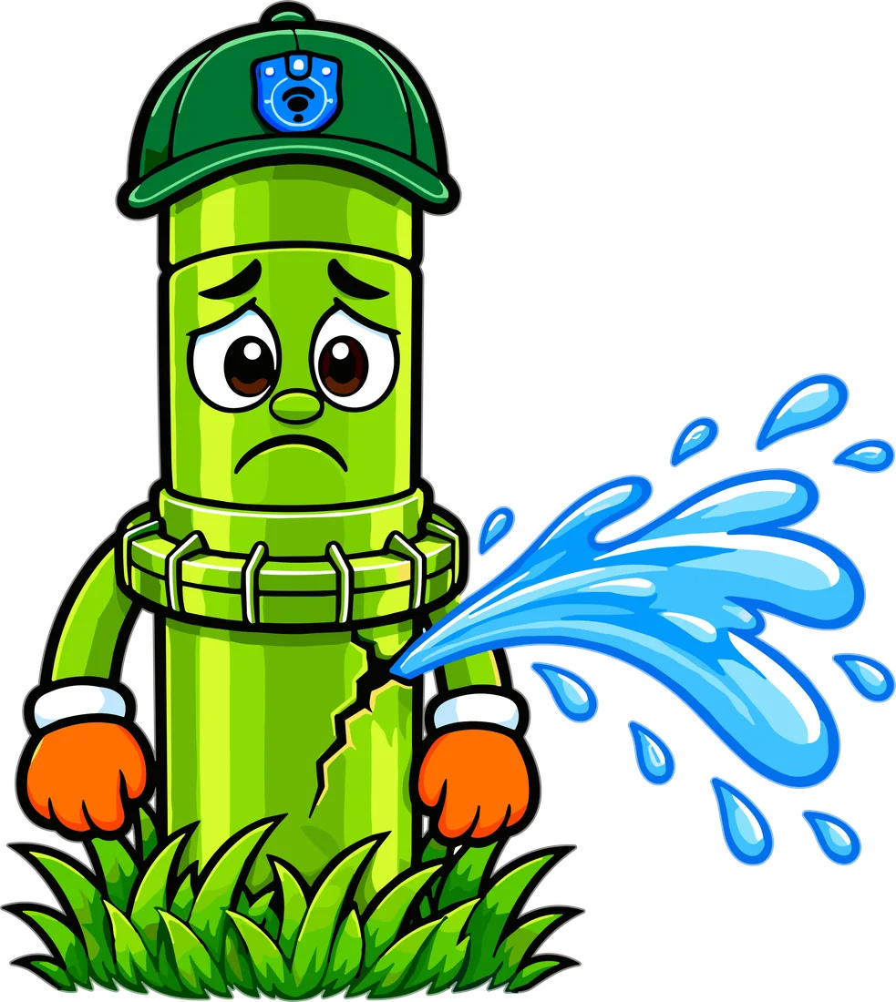 Rocky the Rotor, our mascot, looking worried with water spraying out of a crack in his side