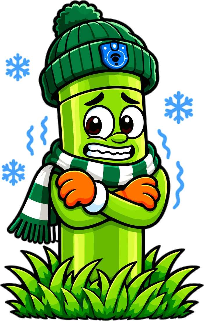 Rocky shivering in a toque and scarf with snowflakes around him