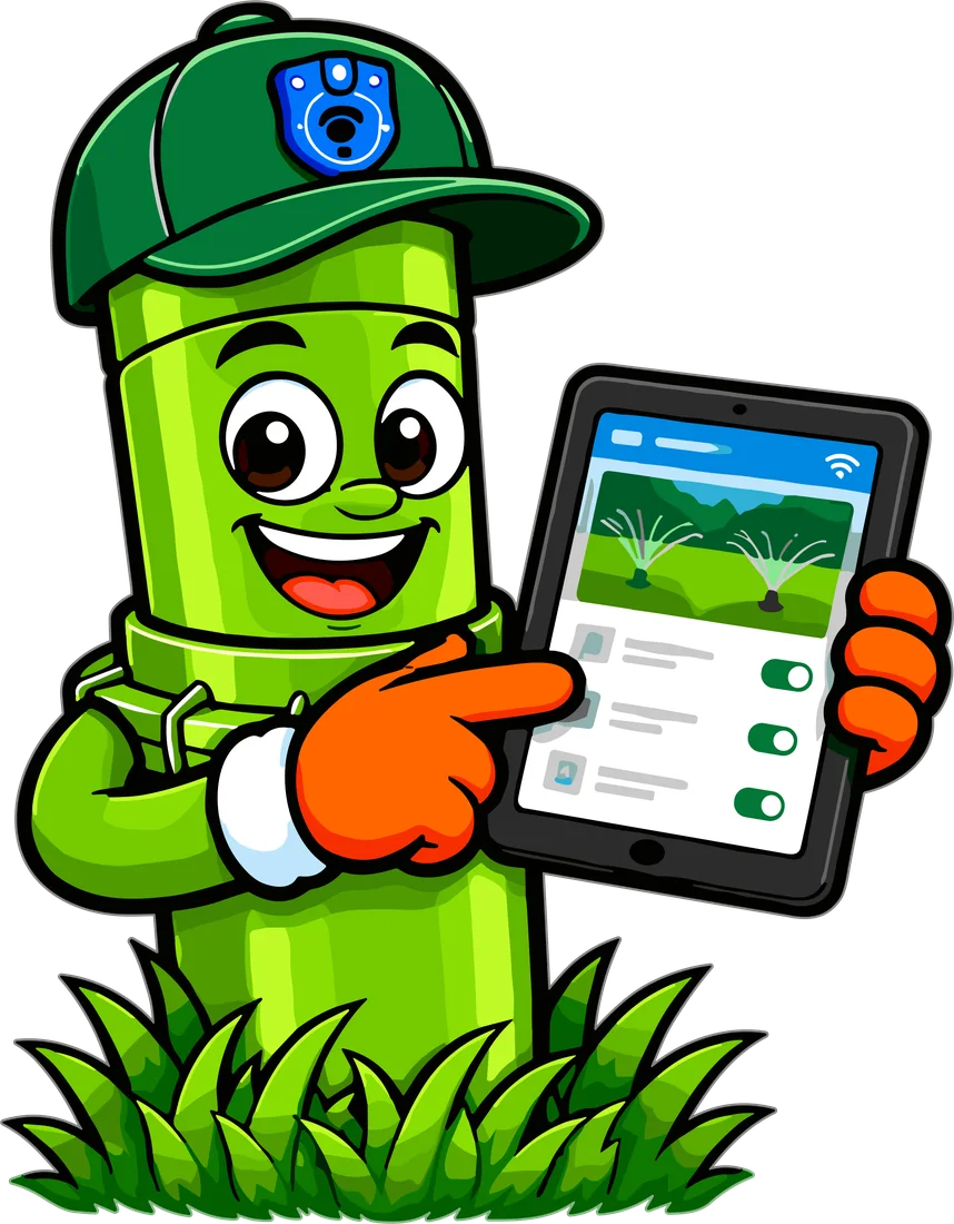 Rocky pointing at the Hydrawise app on a tablet
