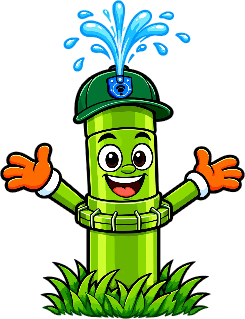 Rocky with arms out and water spraying from his cap again